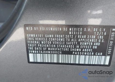 2017 Volkswagen Jetta 1.4T Se z USA, uszkodzony, nr VIN 3VWB67AJ6HM300526